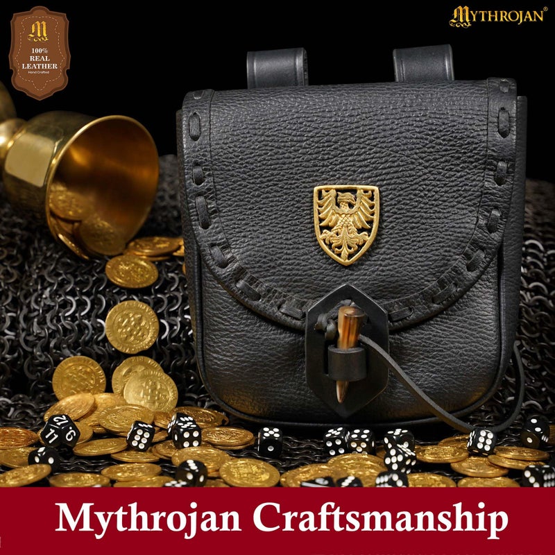 Mythrojan Leather Belt Pouch Medieval Genuine Leather Waist Bag with Brass Raven Decoration, Viking Belt Coin Purse Vintage Renaissance Bag for Larp, Fantasy Events, Ren Faire, Halloween â€“ Black - Image 5
